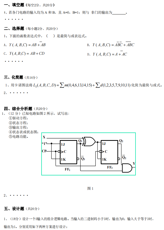 懷化學院2022年專升本數(shù)字電子技術模擬試卷