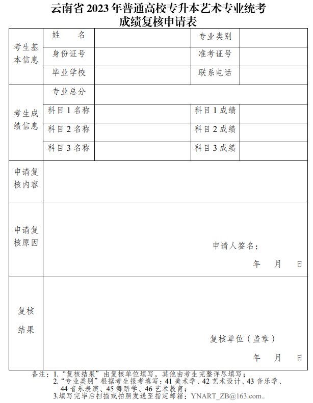 云南省2023年普通高校專升本藝術(shù)專業(yè)統(tǒng)考成績復(fù)核申請(qǐng)表